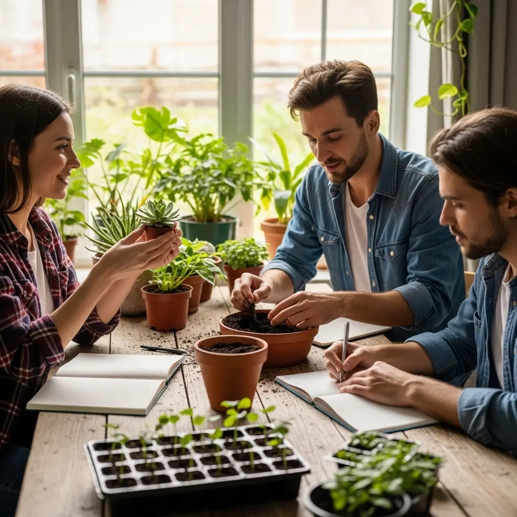 The DigInGuide Team Sharing Gardening Knowledge DigInGuide team discussing houseplant care and gardening tips around a table with potted plants and seedlings