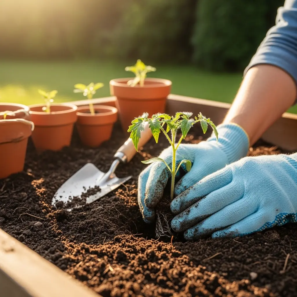 Planting Tomato Seedlings in a Raised Bed Hands planting a tomato seedling into dark soil in a raised garden bed
