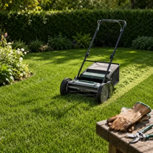 Push mower mid-stripe on a healthy green backyard lawn, freshly-cut path behind, leather gloves on a wooden bench