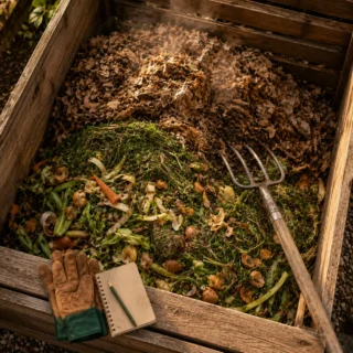 Compost pile, layered browns and greens in 2-to-1 proportion in a cedar bay, steel pitchfork resting, faint steam rising