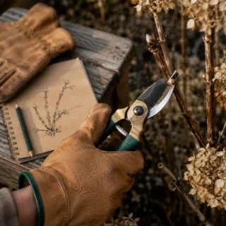 Hydrangea pruning, bypass shears at 45 degrees above an outward-facing dormant bud on a cane, gloves and notebook on a bench