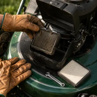 Lawn mower, air-filter housing open with old filter being lifted out and a clean replacement beside, leather gloves, deep-green deck stripe
