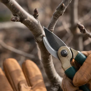 Pruning shears at the branch collar of a dormant fig branch, clean angled cut, leather gloves out of focus, deep-green handle wraps