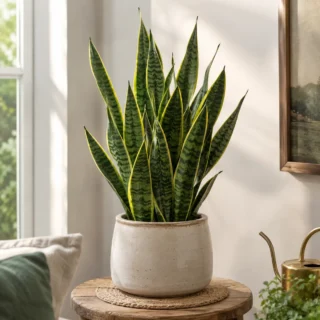 Snake plant, mature Sansevieria with deep-green leaves and yellow edge stripes in a cream stoneware planter on a wooden side table
