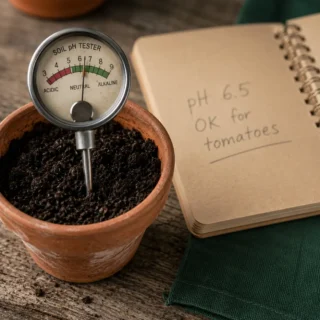 Soil pH meter probed into a terracotta pot of dark loam, needle near 6.5, kraft notebook with hand-written test note alongside