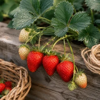 Strawberry, cluster of June-bearing fruit on the vine with deep-green leaves and faint morning dew, cedar raised-bed edge behind