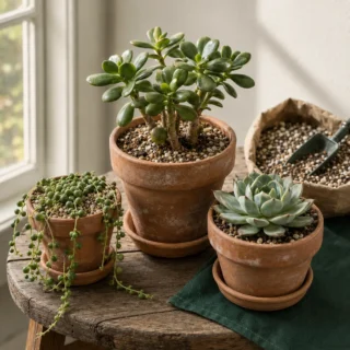 Succulent collection in terracotta pots, jade plant centered, string of pearls cascading, small echeveria rosette