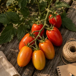 Tomato, vine with ripening Roma fruits and deep-green leaves, weathered oak board, faint morning dew