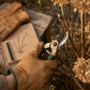 Bypass pruning shears mid-cut on a hydrangea cane, angled cut above an outward-facing bud, leather gloves on a wooden bench