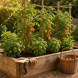 Cedar raised bed with mid-summer harvest, Roma and cherry tomatoes on a tied trellis, basil and bell pepper plants alongside