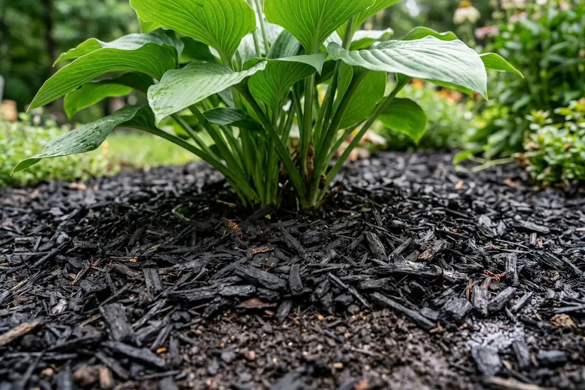 Black mulch spread evenly around the base of a healthy plant to hold soil moisture