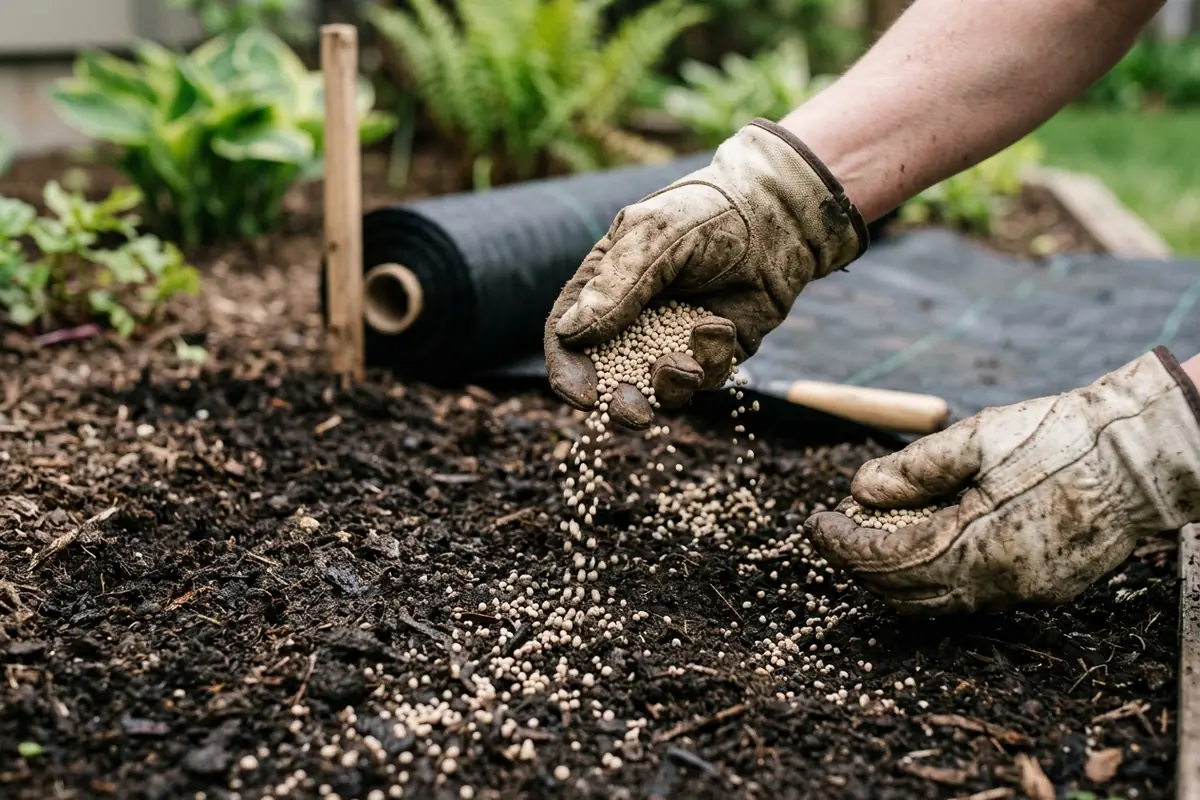Gloved hands sprinkling nitrogen fertiliser onto bare soil before a layer of black mulch goes down