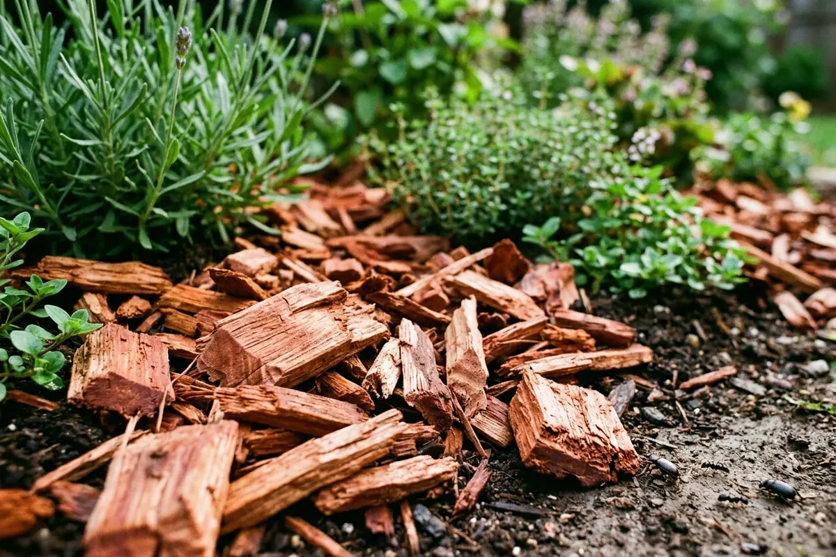 Close-up of fragrant reddish cedar wood chips that resist breakdown and help deter some insects