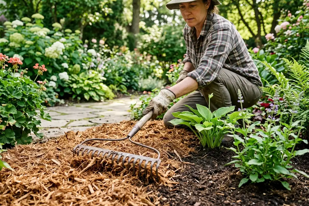 A gardener raking a two-to-three-inch layer of cedar mulch and keeping it clear of plant stems