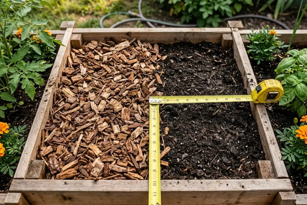 A garden bed half covered in mulch with a tape measure showing coverage at three inches deep