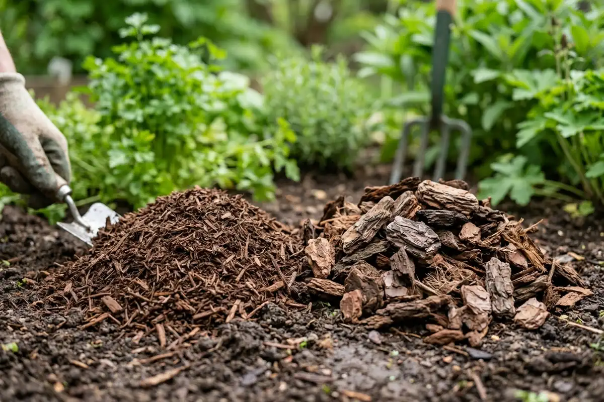 Side-by-side piles of fine mulch and coarse bark comparing how fast each breaks down
