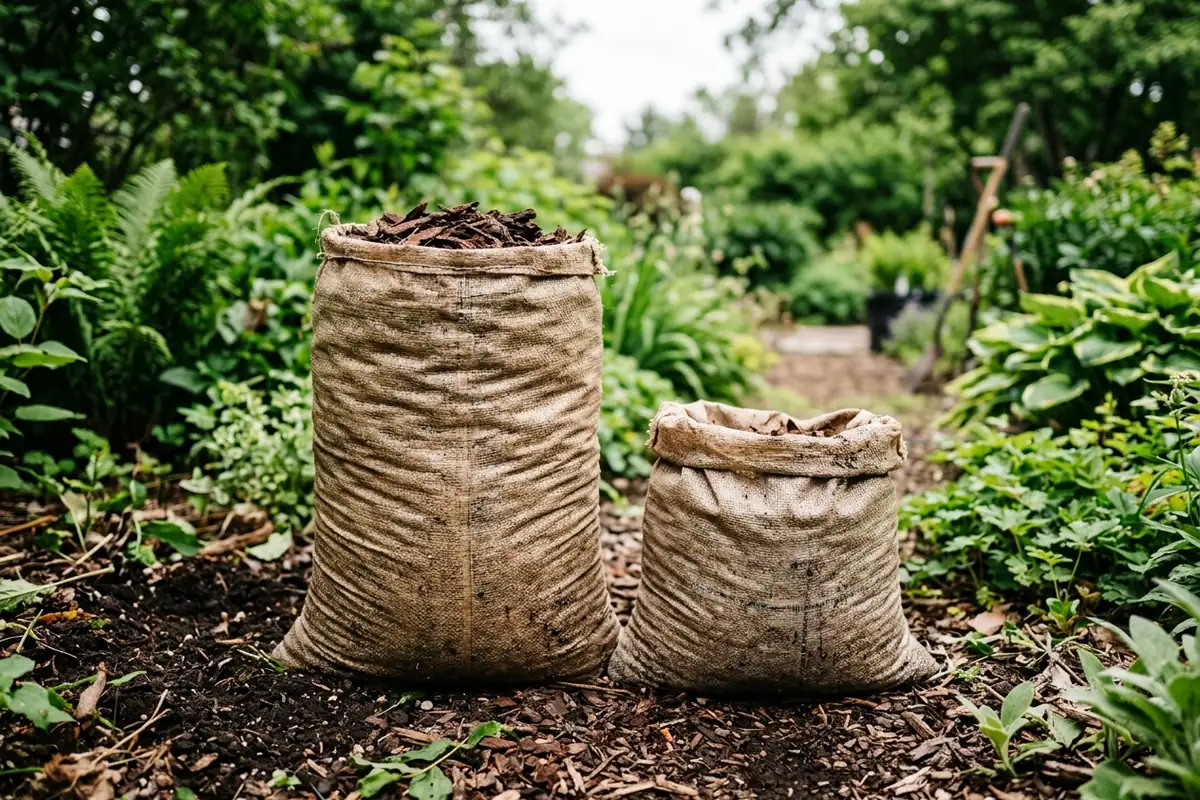 The bag-size trap, explained simply Two mulch bags of different cubic-foot sizes side by side showing the volume difference