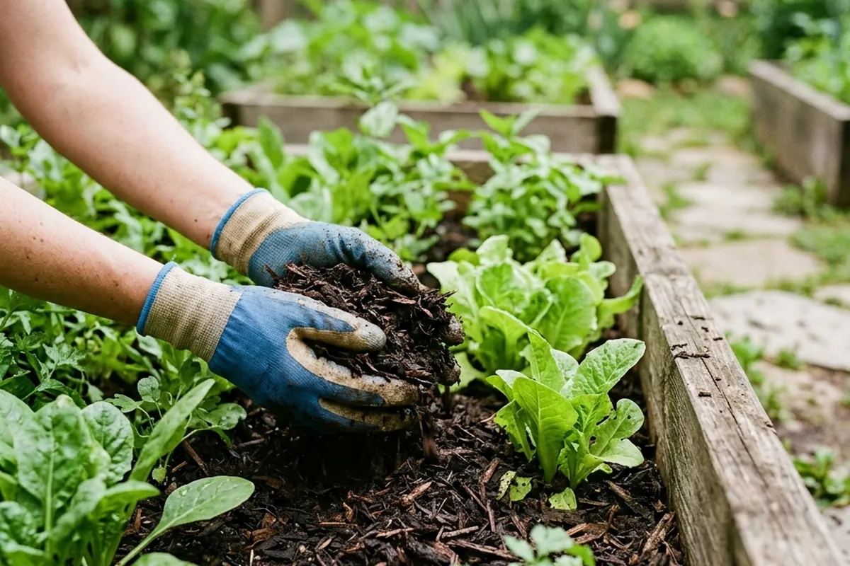 Bagged mulch for small garden jobs A single mulch bag emptied around plants in one raised bed for a small tidy job