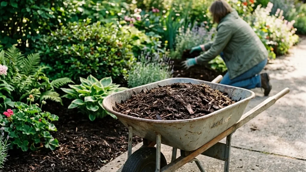 A stack of mulch bags beside a wheelbarrow on a driveway with a garden bed waiting behind
