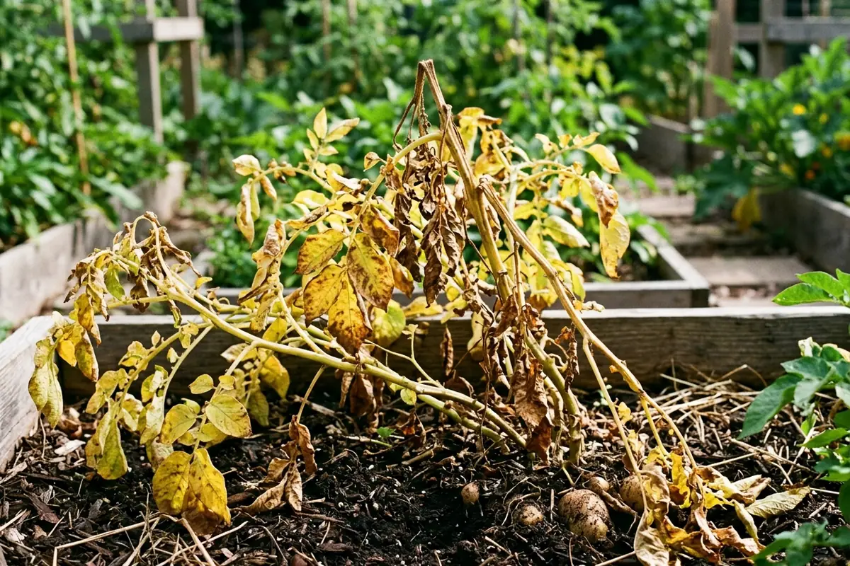 A potato plant with yellowing, dying-back foliage, the classic sign the tubers are ready