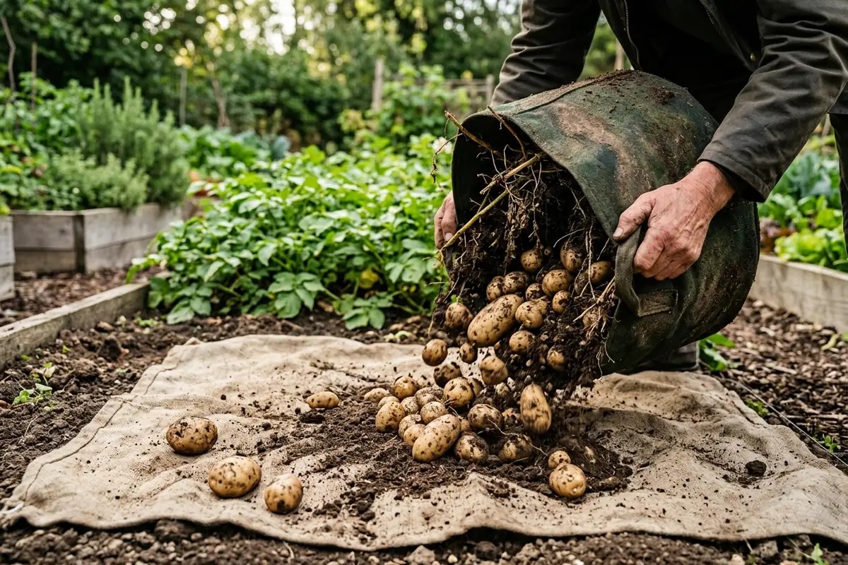 Potatoes tipped from a garden container onto a tarp, showing a raised-bed harvest
