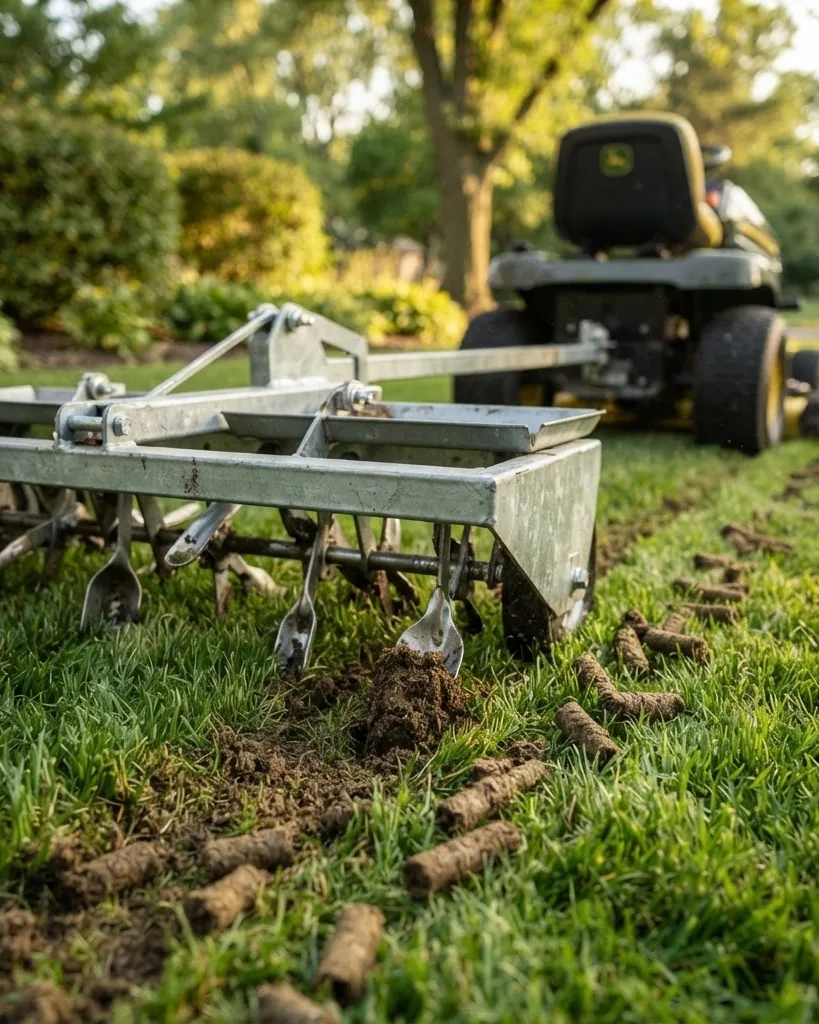 Close-up illustrating spike vs plug: what a pull behind lawn aerator actually does