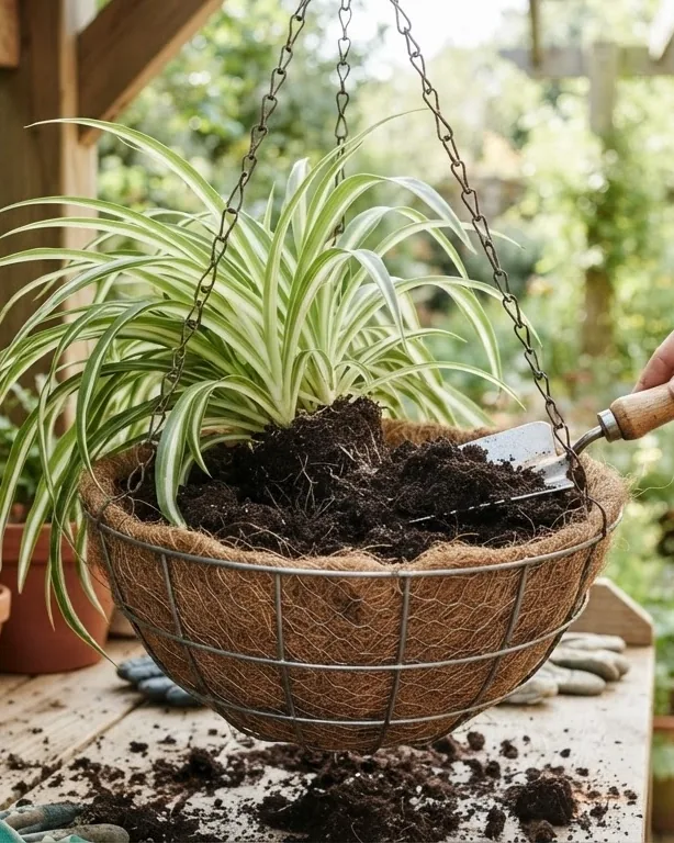 Detail view of potting mix and lining a wire basket