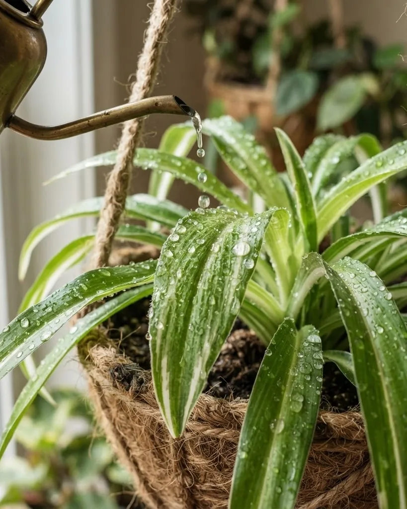 Detail view of watering a spider plant in hanging basket without drowning it